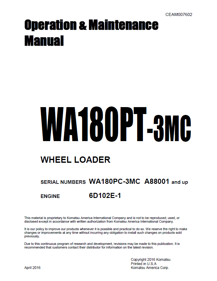 Komatsu WA180PT-3MC Wheel Loader Operation and Maintenance Manual CEAM007602 PDF