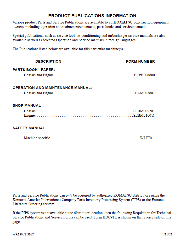 Komatsu WA180PT-3MC Wheel Loader Workshop Manual CEBD005201
