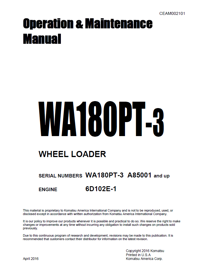 Komatsu WA180PT-3 Wheel Loader Operation and Maintenance Manual CEAM002101 PDF