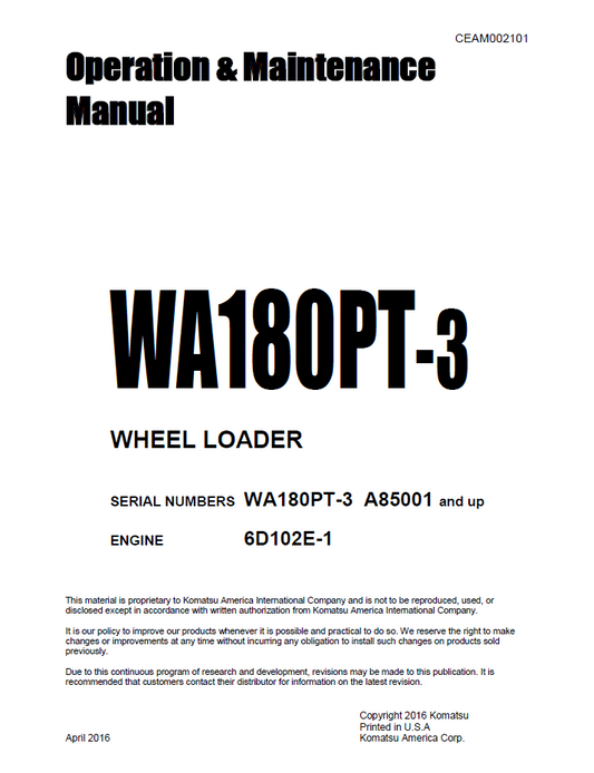 Komatsu WA180PT-3 Wheel Loader Operation and Maintenance Manual CEAM002101 PDF
