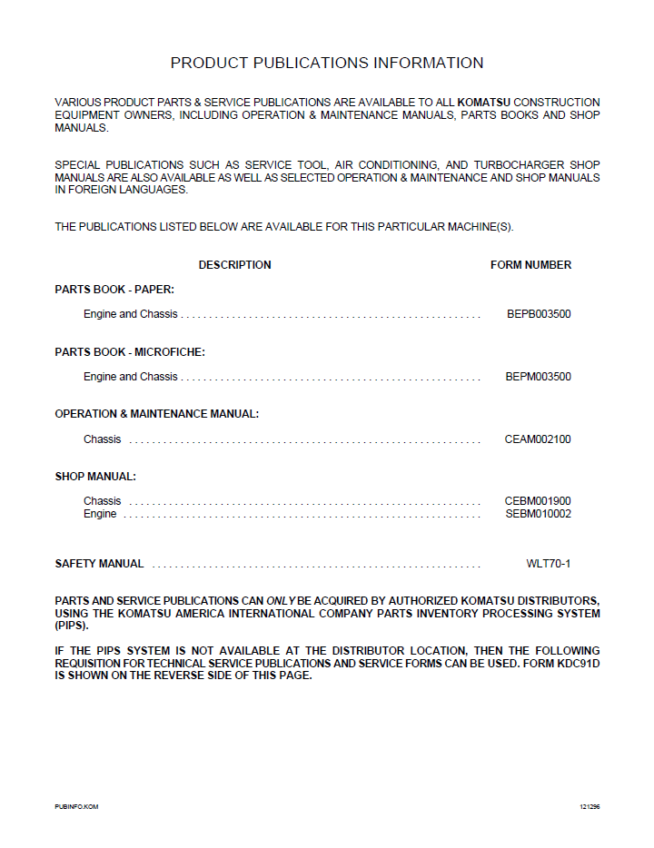 Komatsu WA180PT-3 Wheel Loader Service & Maintenance Manual (CEAM002101)