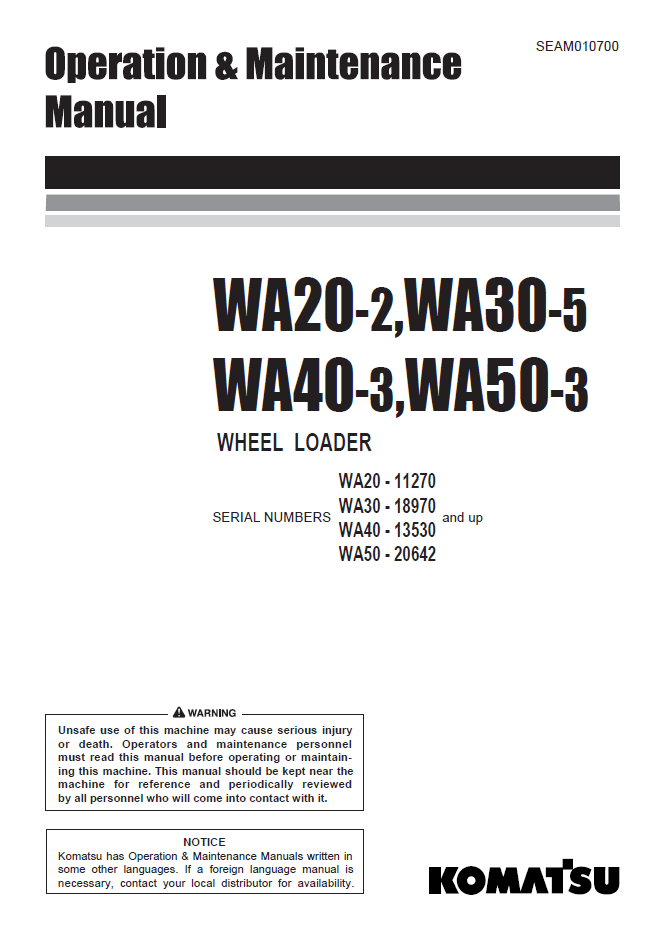 Komatsu WA20-2 WA30-5 WA40-3 WA50-3 Wheel Loader Manual SEAD010700