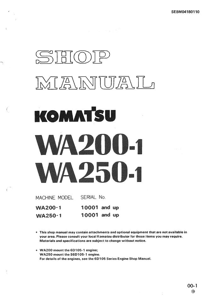 Komatsu WA200-1 WA250-1 Engine Manual SEBM04180110 PDF
