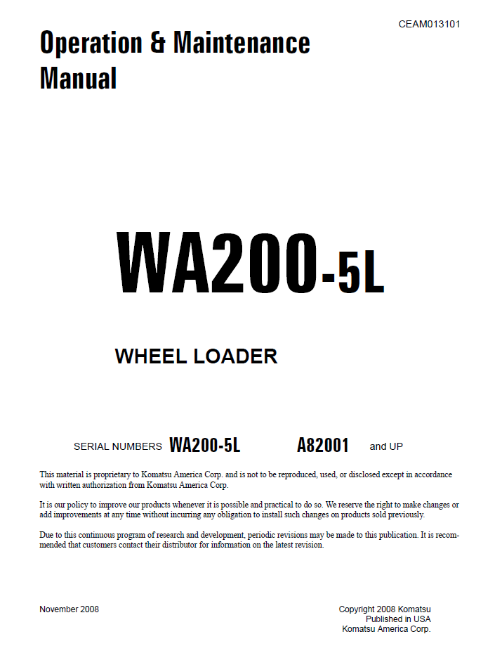 Komatsu WA200-5L Wheel Loader Operation and Maintenance Manual CEAM013101 PDF