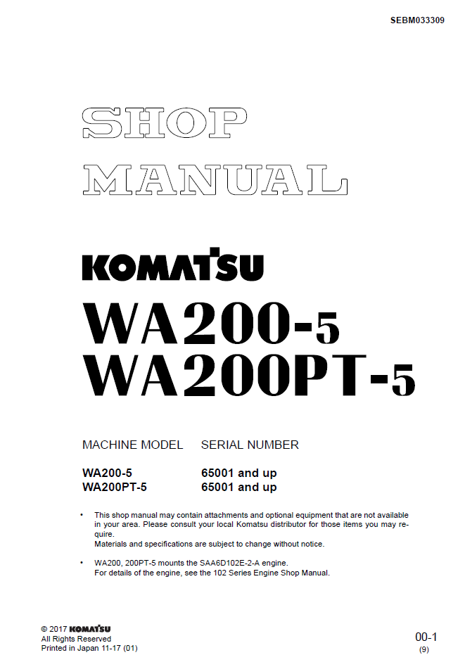 Komatsu WA200-5 WA200PT-5 Engine Manual SEBM033309 PDF