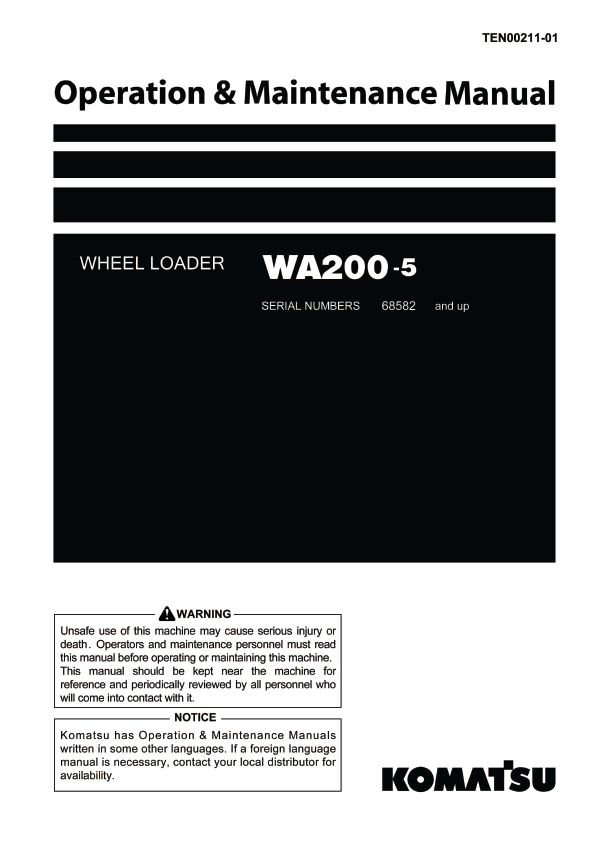 Komatsu WA200-5 Wheel Loader Operation & Maintenance Manual PDF