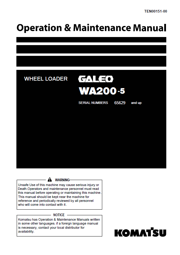 Komatsu WA200-5 Wheel Loader Operation & Maintenance Manual PDF