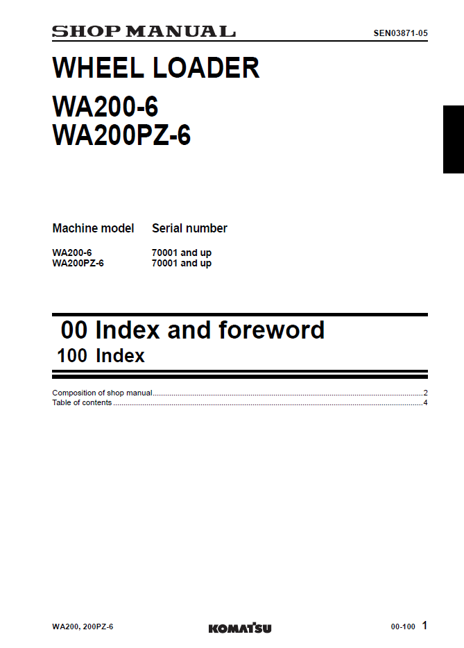 Komatsu WA200-6 WA200PZ-6 Wheel Loader Manual SEN03862-05