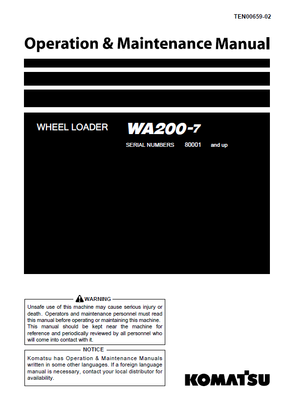 Komatsu WA200-7 Wheel Loader Operation & Maintenance Manual (PDF)