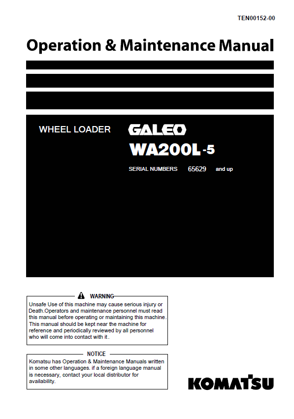 Komatsu WA200L-5 Wheel Loader Operation & Maintenance Manual PDF