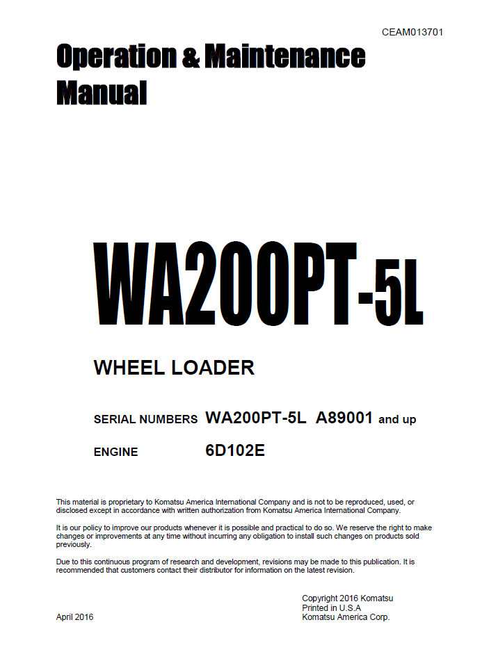 Komatsu WA200PT-5L Wheel Loader Operation and Maintenance Manual CEAM013701 PDF