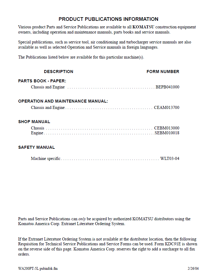 Komatsu WA200PT-5L Wheel Loader Service & Maintenance Manual (CEAM013701)