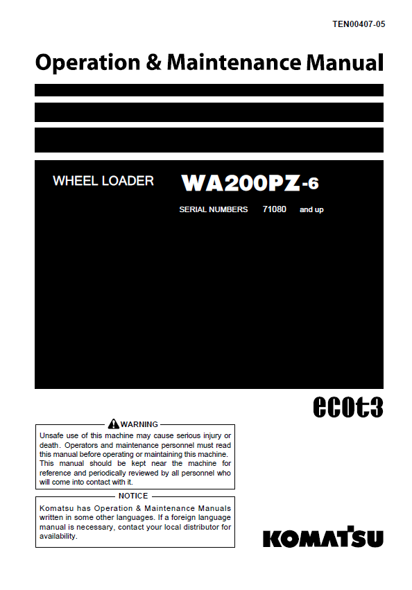 Komatsu WA200PZ-6 Wheel Loader Operation & Maintenance Manual PDF