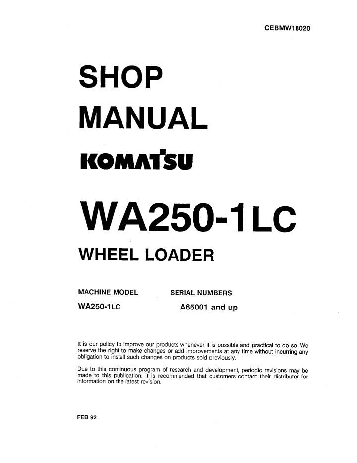 Komatsu WA250-1LC Wheel Loader Shop Manual CEBDW18020 PDF