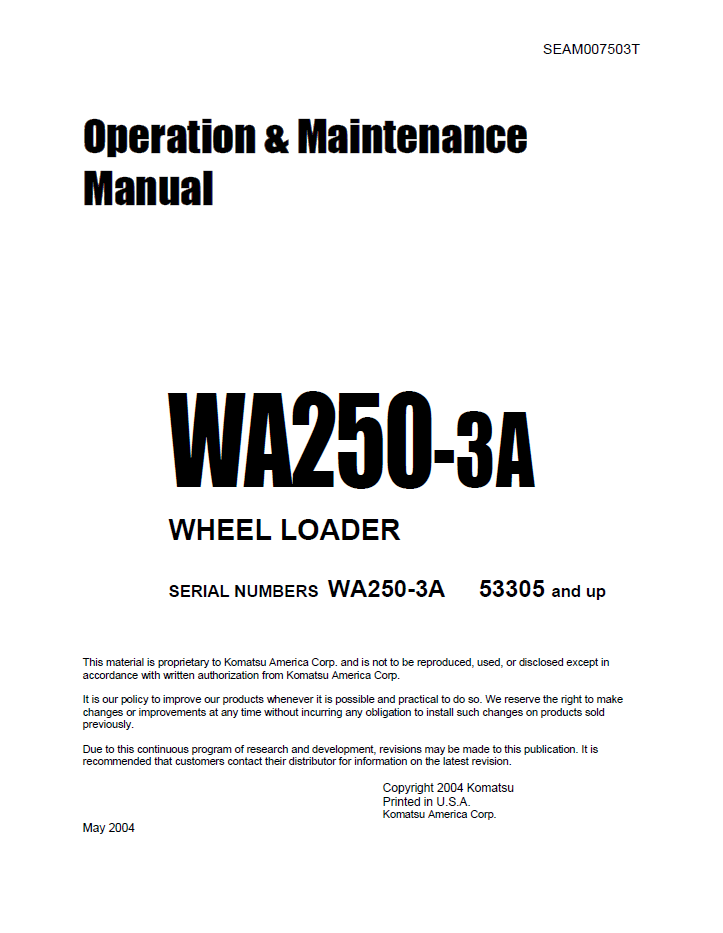 Komatsu WA250-3A Wheel Loader Operation & Maintenance Manual SEAD007503 PDF