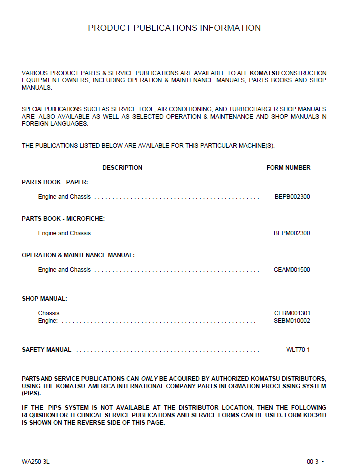 Komatsu WA250-3L Loader Maintenance and Repair Manual CEBD001301 PDF
