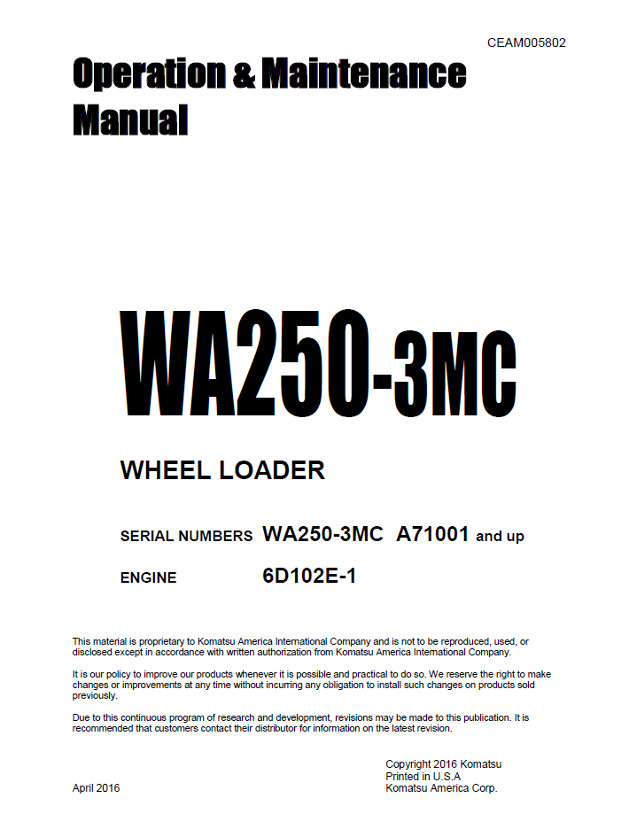 Komatsu WA250-3MC Wheel Loader Operation and Maintenance Manual CEAM005802 PDF