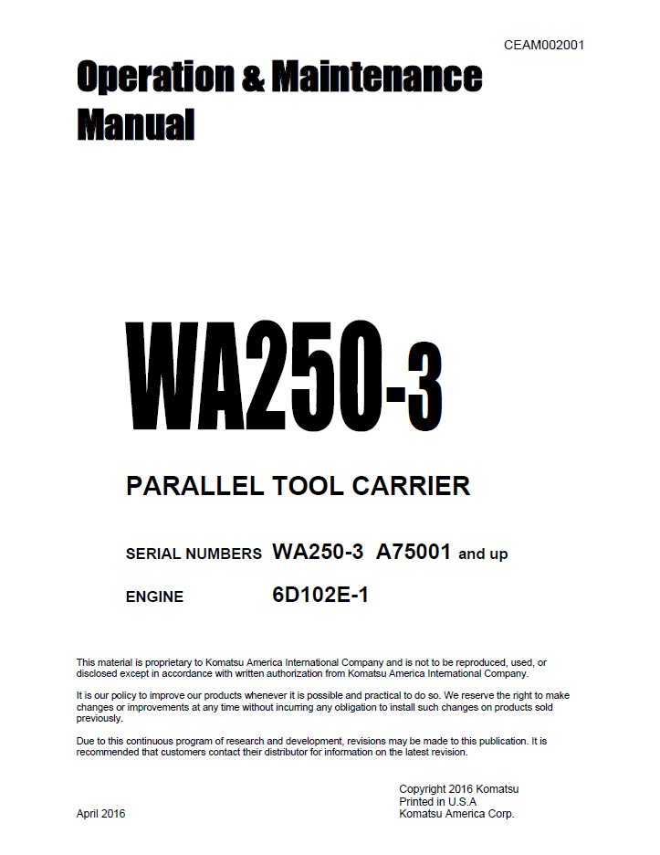 Komatsu WA250-3 Parallel Tool Carrier Operation and Maintenance Manual CEAM002001 PDF