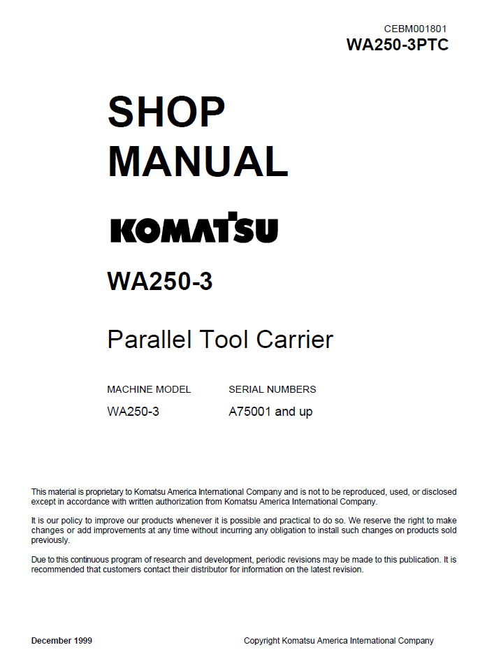 Komatsu WA250-3 Parallel Tool Carrier Shop Manual CEBD001801 PDF