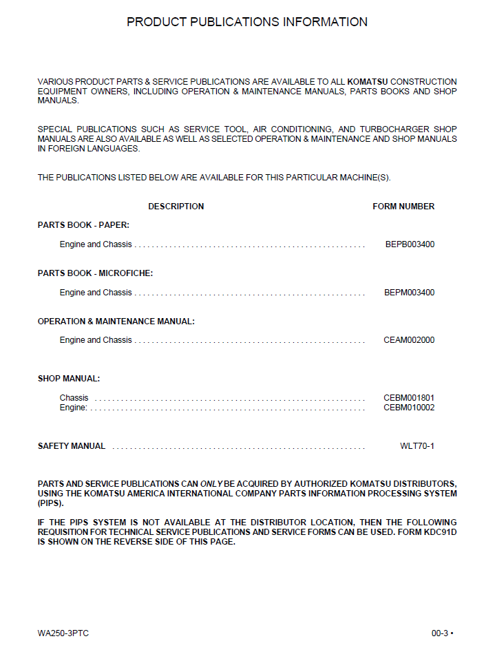 Komatsu WA250-3 Tool Carrier Service Manual CEBD001801