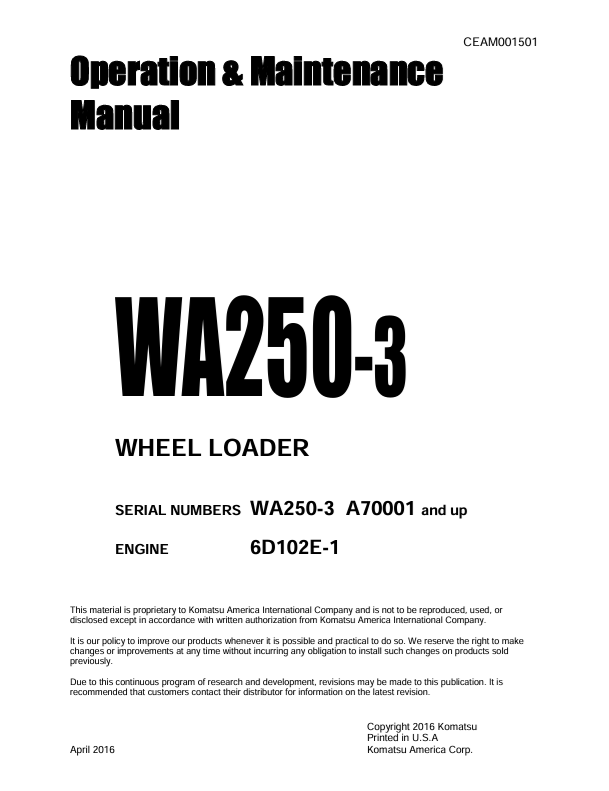 Komatsu WA250-3 Wheel Loader Operation & Maintenance Manual PDF