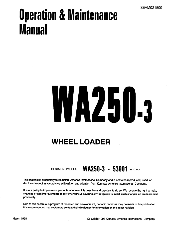 Komatsu WA250-3 Wheel Loader Operation & Maintenance Manual (SEAD021500)