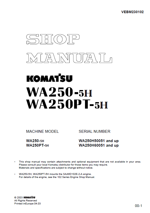 Komatsu WA250-5H & WA250PT-5H Wheel Loader Shop Manual PDF 