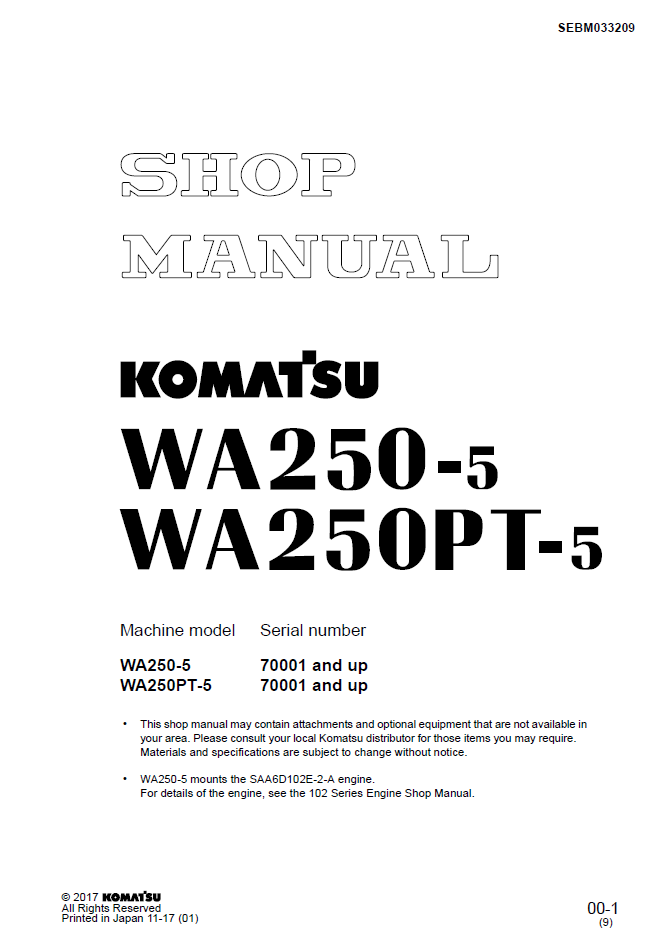 Komatsu WA250-5 WA250PT-5 Engine Manual SEBM033209 PDF