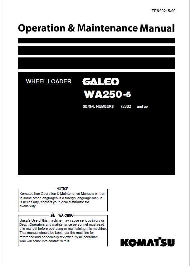 Komatsu WA250-5 Wheel Loader Operation & Maintenance Manual
