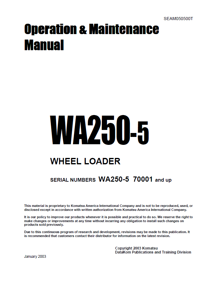 Komatsu WA250-5 Wheel Loader Operation & Maintenance Manual SEAD050500 PDF