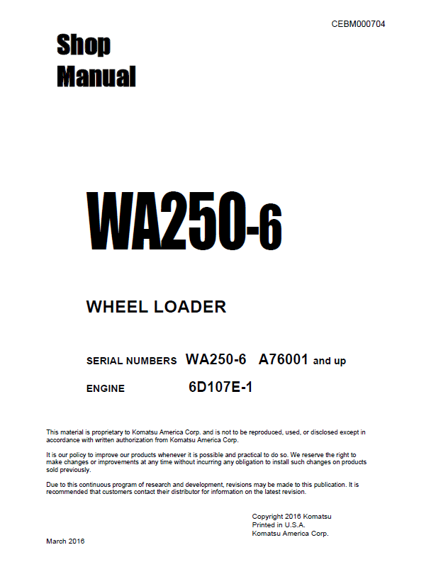 Komatsu WA250-6 Repair Manual CEBM000704 PDF
