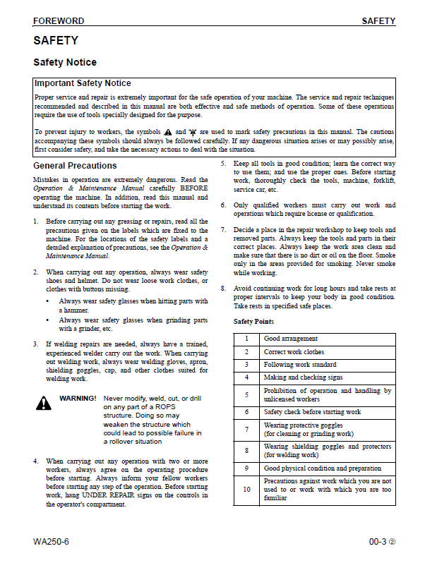 Komatsu WA250-6 Service Manual CEBM000704 PDF