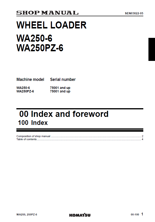 Komatsu WA250-6 WA250PZ-6 Wheel Loader Manual SEN03813-05