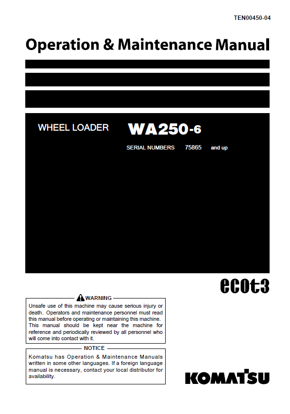 Komatsu WA250-6 Wheel Loader Operation & Maintenance Manual PDF