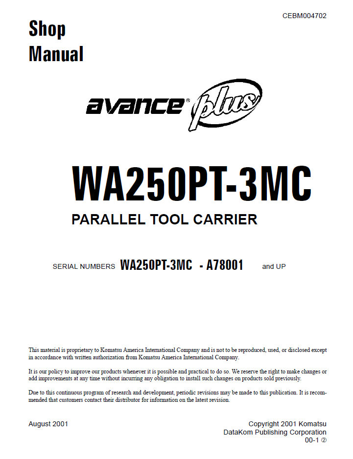 Komatsu WA250PT-3MC Shop Manual CEBD004702 PDF
