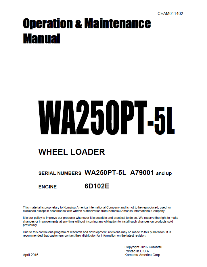 Komatsu WA250PT-5L Wheel Loader Operation and Maintenance Manual CEAM011402 PDF