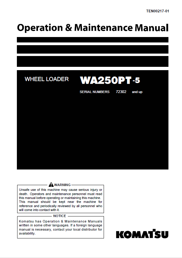 Komatsu WA250PT-5 Wheel Loader Operation & Maintenance Manual PDF