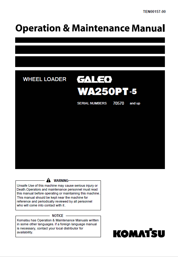 Komatsu WA250PT-5 Wheel Loader Operation & Maintenance Manual PDF
