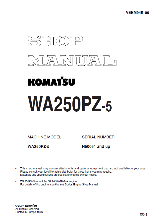 Komatsu WA250PZ-5 Wheel Loader Shop Manual PDF – Official Repair & Service Guide