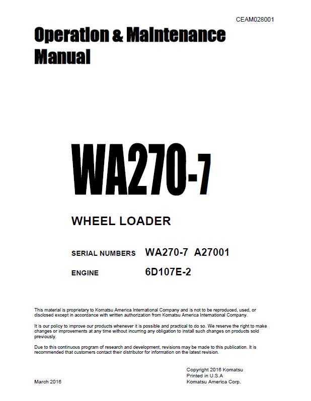 Komatsu WA270-7 Wheel Loader Operation Manual CEAM028001 PDF