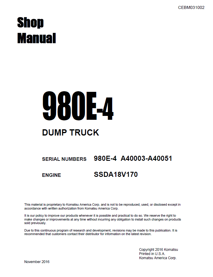 Komatsu WA270-7 Wheel Loader Shop Manual | CEBM031002 PDF