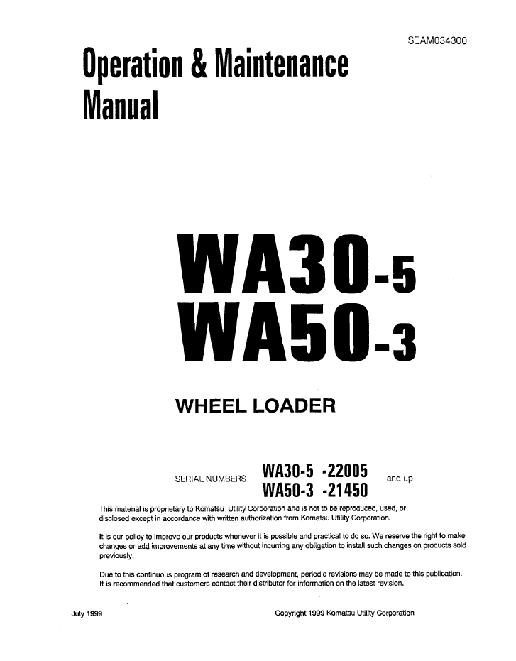 Komatsu WA30-5 & WA50-3 Wheel Loader Operation & Maintenance Manual SEAD034300 PDF