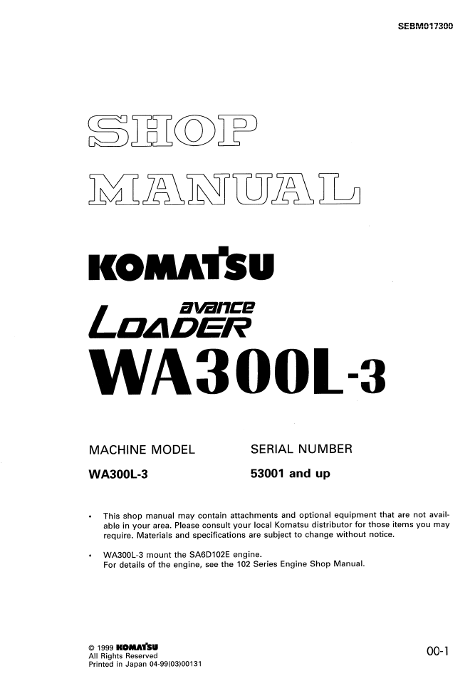 Komatsu WA300L-3 Loader Shop Manual SEBM017300 PDF