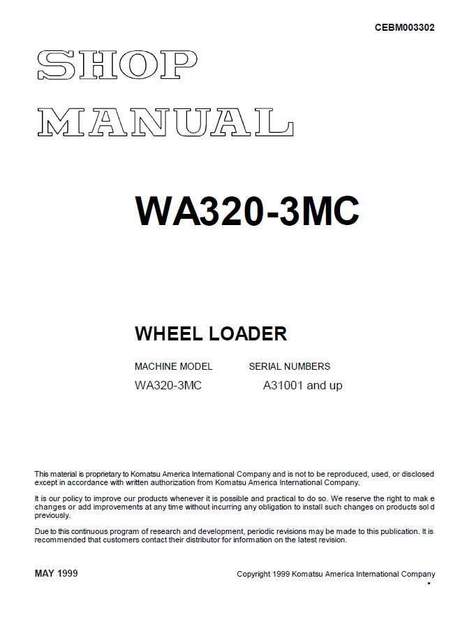 Komatsu WA320-3MC Wheel Loader Shop Manual CEBD003302 PDF
