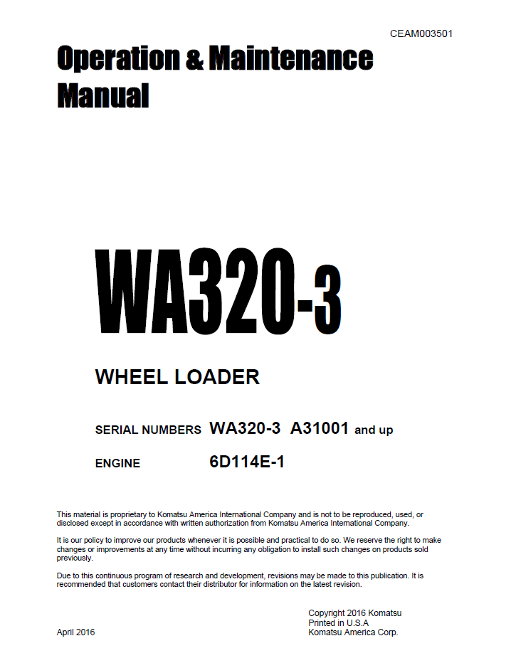 Komatsu WA320-3 Wheel Loader Operation and Maintenance Manual CEAM003501 PDF