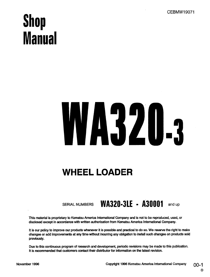 Komatsu WA320-3 Wheel Loader Shop Manual CEBDW19071 PDF