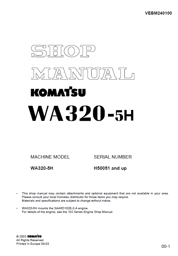 Komatsu WA320-5H Wheel Loader Official Shop & Service Manual (PDF)