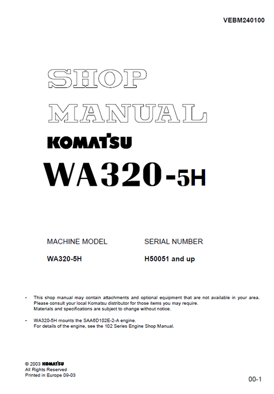 Komatsu WA320-5H Wheel Loader Official Shop & Service Manual (PDF)