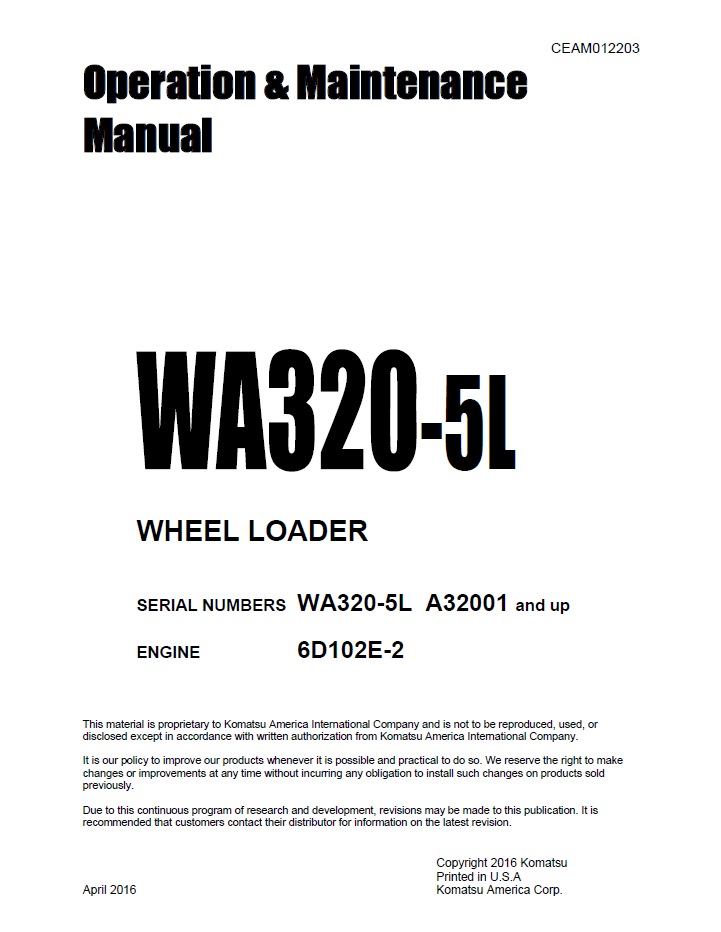 Komatsu WA320-5L Wheel Loader Operation and Maintenance Manual CEAM012203 PDF
