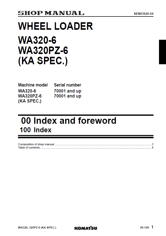 Komatsu WA320-6 WA320PZ-6 Wheel Loader Manual SEN03911-04